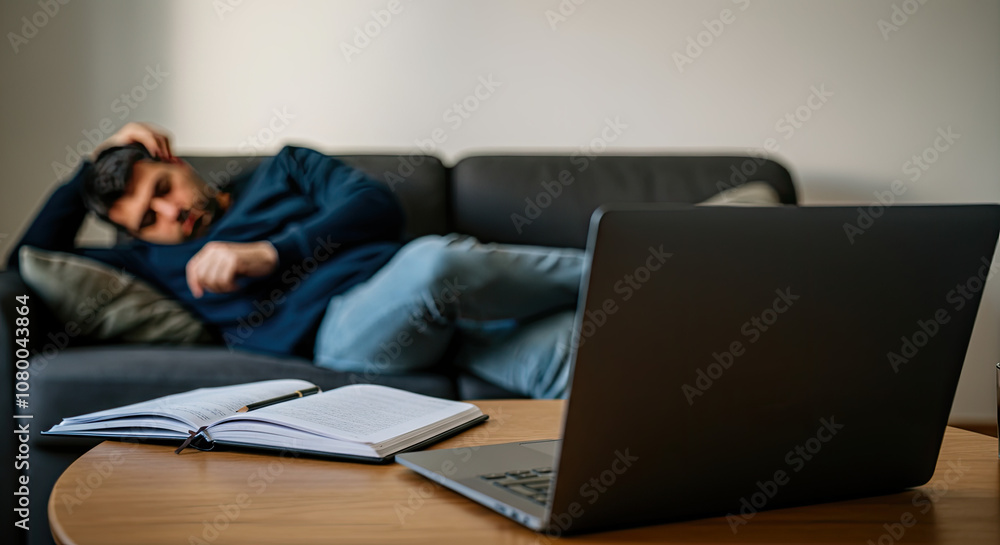 Young Man Taking a Break on Sofa Near Laptop and Open Book Young Man Taking a Break on Sofa Near Laptop and Open Book