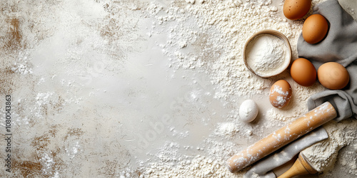 Tavolo con farina uova e matterello. Impastare. Fare la pasta. photo