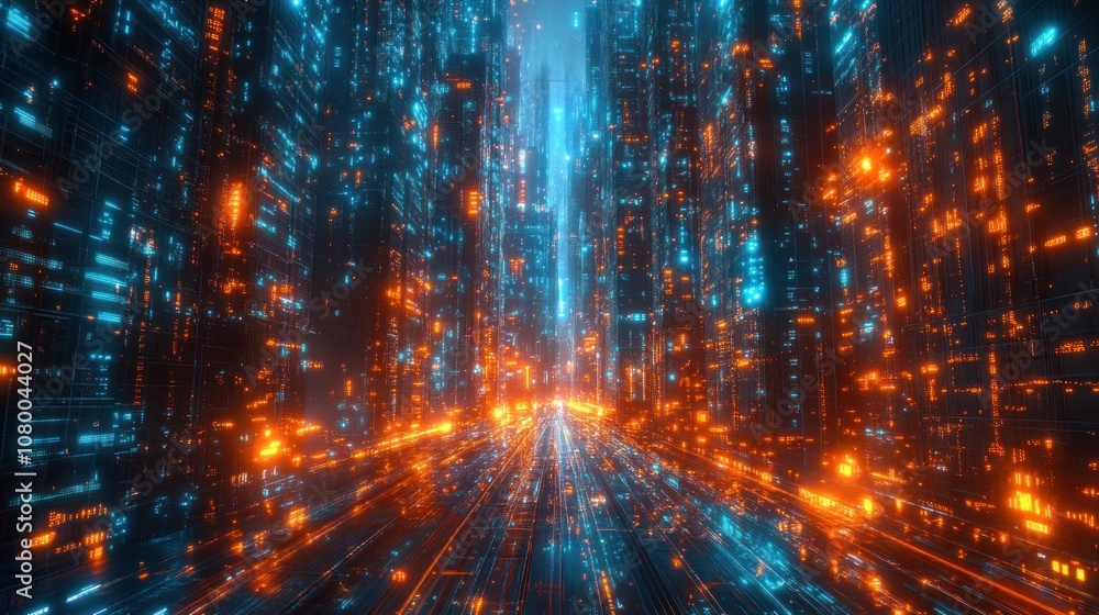 Obraz premium Futuristic cityscape with glowing blue and orange lines.