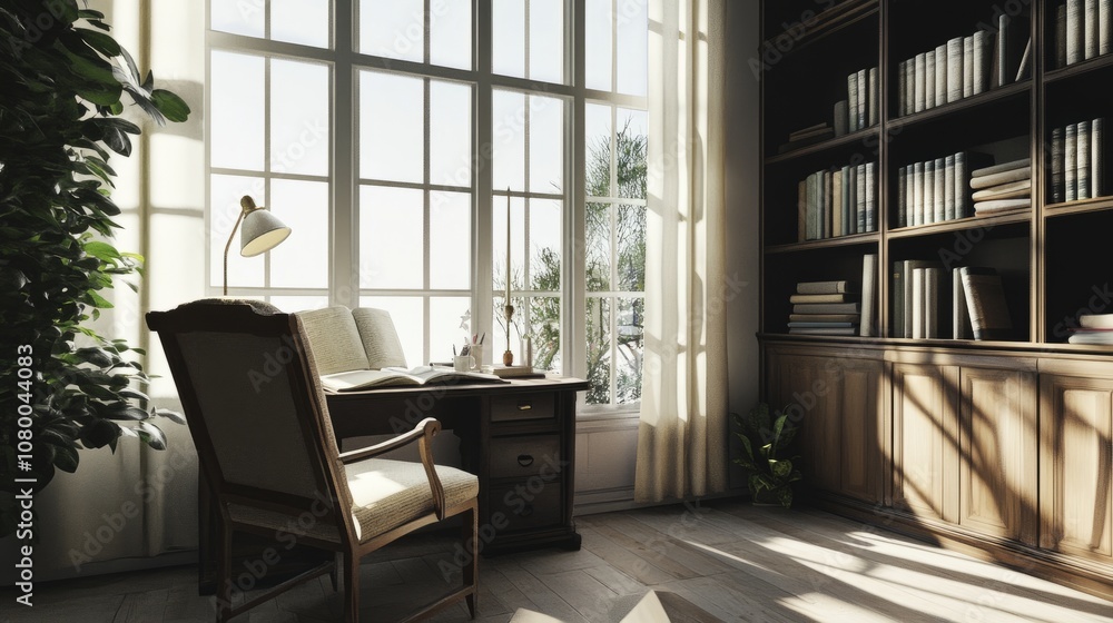 Bright and airy workspace with a sleek desk lamp, open books, and a fabric chair in a room with large windows. Bright and airy workspace with a sleek desk lamp, open books, and a fabric chair in a room with large windows.