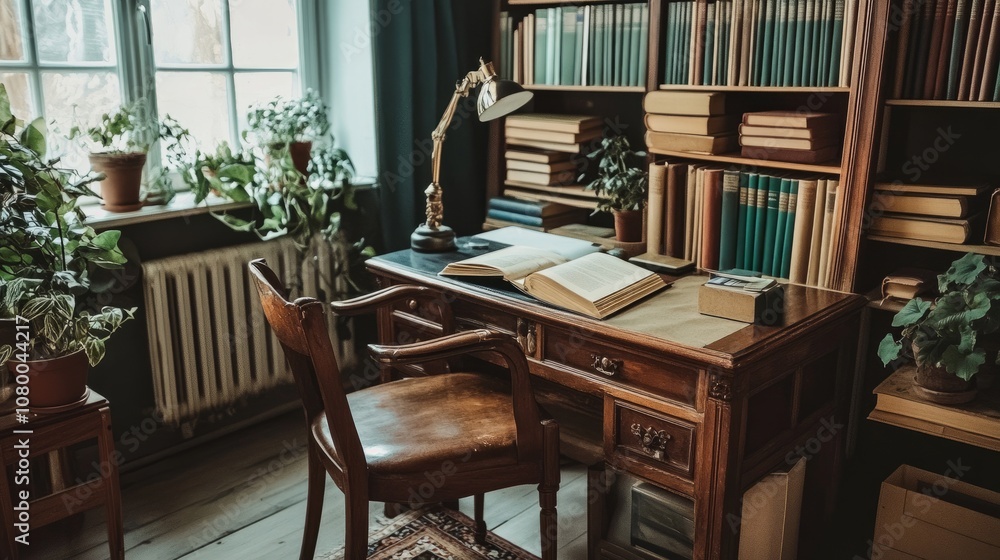 Bright office with a desk lamp, open books, and a classic wooden chair, with plants adding a touch of greenery. Bright office with a desk lamp, open books, and a classic wooden chair, with plants adding a touch of greenery.
