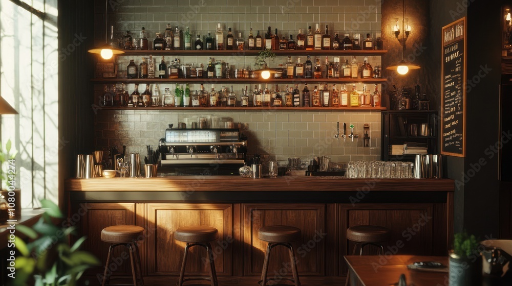 A Modern Bar Interior with Wooden Accents and a Variety of Alcoholic Beverages A Modern Bar Interior with Wooden Accents and a Variety of Alcoholic Beverages