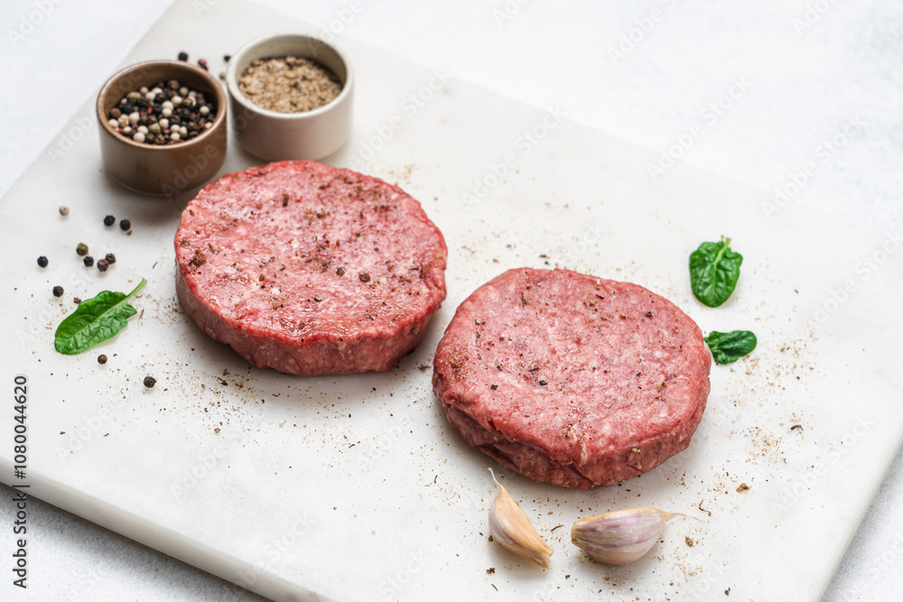 Raw piece of steakburger on marble board with spices. Marbled beef for making burger Raw piece of steakburger on marble board with spices. Marbled beef for making burger