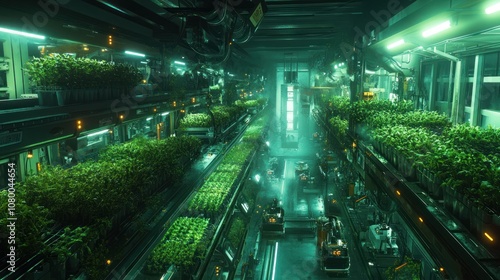 Futuristic hydroponic farm with green plants growing in rows under artificial lights.