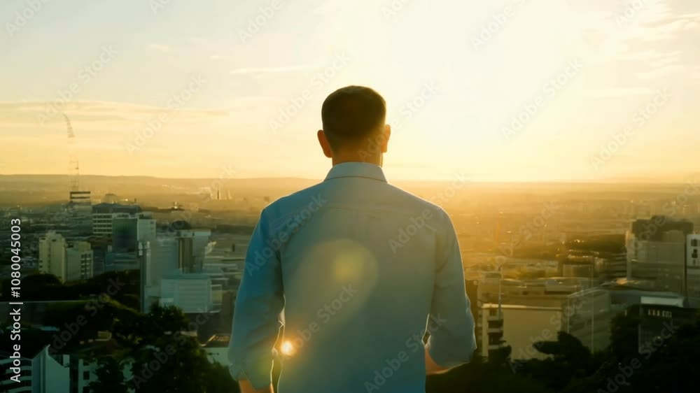 Rear view of a man overlooking a cityscape with golden sunset flares and peaceful ambiance. Seamless looping 4k time-lapse animation video background Rear view of a man overlooking a cityscape with golden sunset flares and peaceful ambiance. Seamless looping 4k time-lapse animation video background