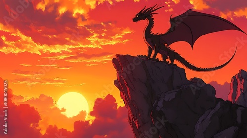 Anime-style dragon perched on a cliff with a fiery backdrop