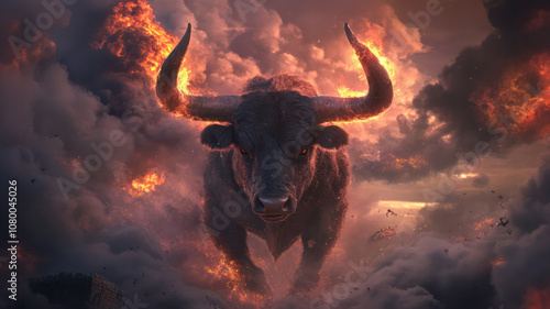 Bull Head with Flames on Black Background. Fiery Animal Illustration. Bull market concept photo