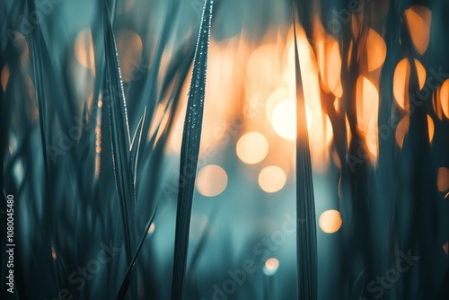 Background with blurred bokeh and sun rays of natural grassfield photo