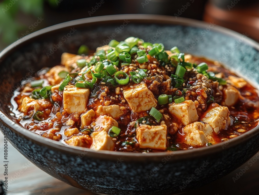 Delicious bowl of spicy tofu dish topped with fresh green onions, perfect for showcasing Asian cuisine in food photography. Delicious bowl of spicy tofu dish topped with fresh green onions, perfect for showcasing Asian cuisine in food photography.
