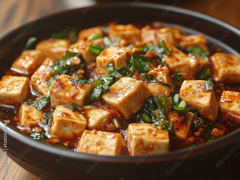Delicious bowl of spicy tofu with aromatic herbs and flavorful sauce, perfect for Asian cuisine lovers. Delicious bowl of spicy tofu with aromatic herbs and flavorful sauce, perfect for Asian cuisine lovers.
