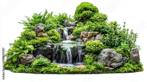 A vibrant miniature landscape featuring a cascading waterfall and lush greenery photo