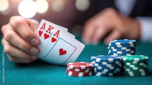 A hand holding a winning poker hand, showcasing two Aces of Hearts, against a backdrop of colorful poker chips.