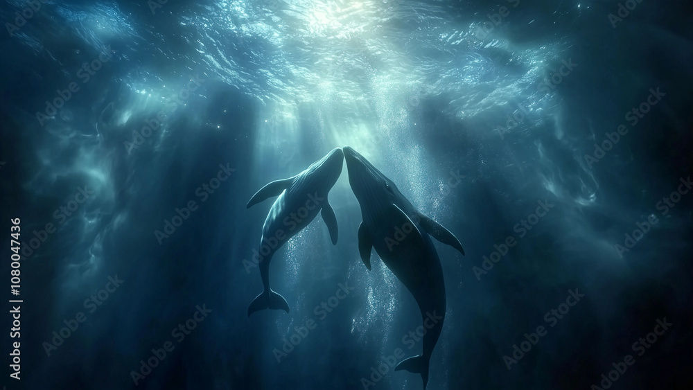 Fototapeta premium Oceanic Grace: Whales Meeting in an Ethereal Underwater Scene
