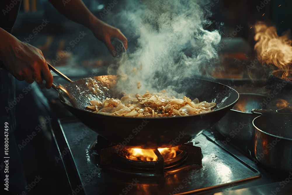 Chef cooking pad thai in a wok street kitchen culinary art urban setting close-up thai cuisine Chef cooking pad thai in a wok street kitchen culinary art urban setting close-up thai cuisine