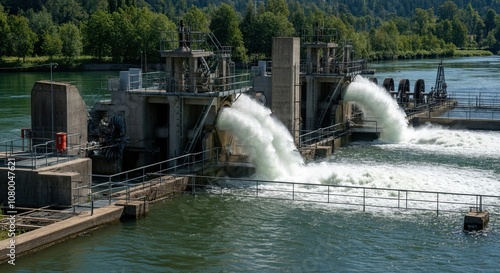 Hydroelectric Dam Discharging Water in a Sunny River Landscape