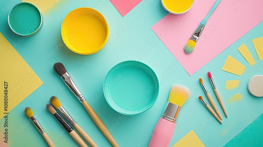 Colorful Paint Pots, Brushes, and Paper on Blue Background Colorful Paint Pots, Brushes, and Paper on Blue Background