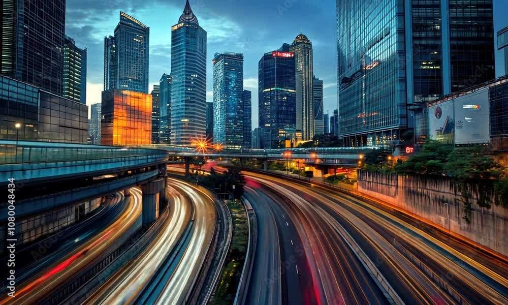 Stunning Urban Nightscape with Light Trails of Vehicles Amidst Skyscrapers and Modern Architecture in a Vibrant City Layout Stunning Urban Nightscape with Light Trails of Vehicles Amidst Skyscrapers and Modern Architecture in a Vibrant City Layout