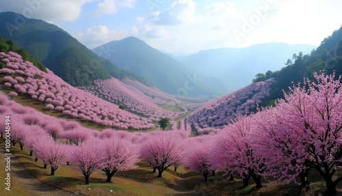  Blooming beauty  A vibrant pink cherry blossom forest photo