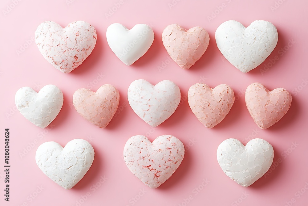 Obraz premium Abstract heart shapes with soft white glow on a pastel pink background.