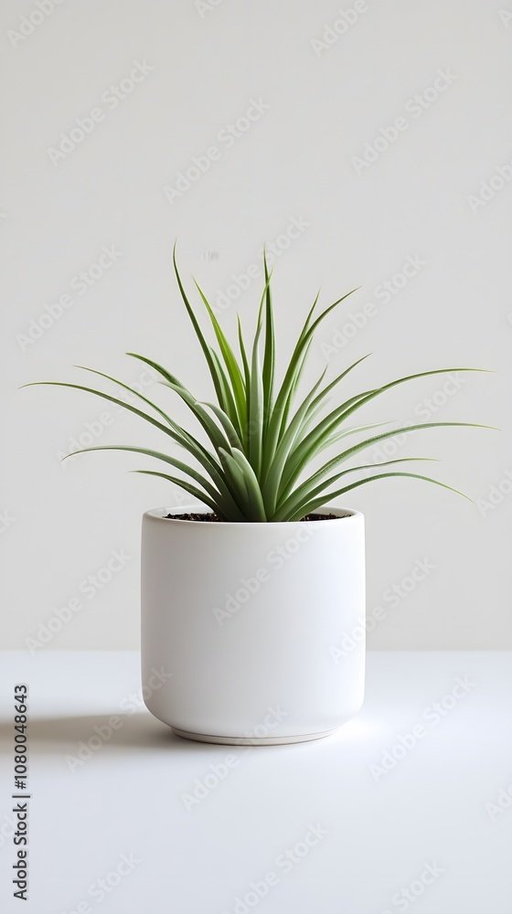 A sleek white ceramic pot with an air plant, in a simple and elegant style, against a clean background. The focus is on the texture of the material and the minimalist design of the planter A sleek white ceramic pot with an air plant, in a simple and elegant style, against a clean background. The focus is on the texture of the material and the minimalist design of the planter