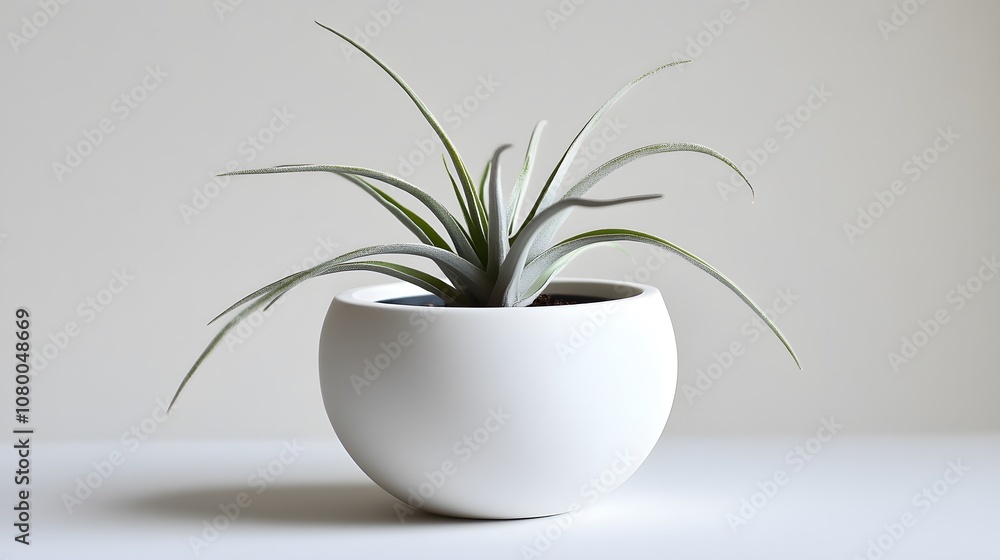 A sleek white ceramic pot with an air plant, in a simple and elegant style, against a clean background. The focus is on the texture of the material and the minimalist design of the planter A sleek white ceramic pot with an air plant, in a simple and elegant style, against a clean background. The focus is on the texture of the material and the minimalist design of the planter