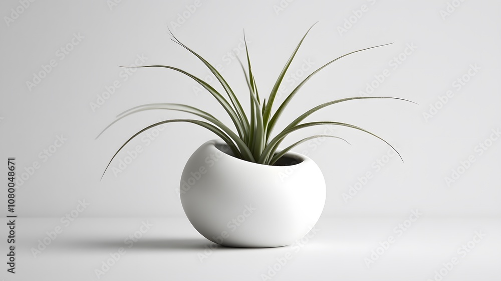 A sleek white ceramic pot with an air plant, in a simple and elegant style, against a clean background. The focus is on the texture of the material and the minimalist design of the planter A sleek white ceramic pot with an air plant, in a simple and elegant style, against a clean background. The focus is on the texture of the material and the minimalist design of the planter