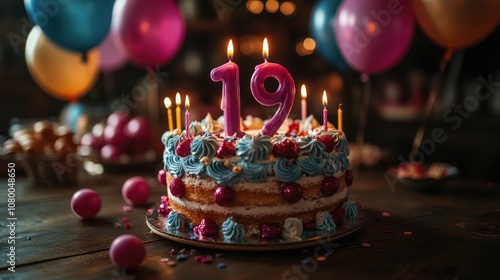 Birthday cake with candles, decorated with pink and blue frosting and sprinkles, surrounded by balloons. photo