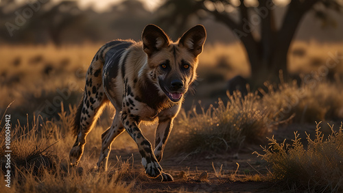 Agile Wild Dog Running Through African Savanna at Golden Hour - Generated by AI.