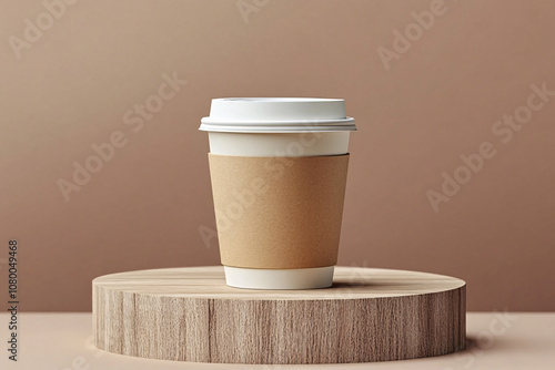 White Coffee Paper Cup with Lid on Wooden Podium photo