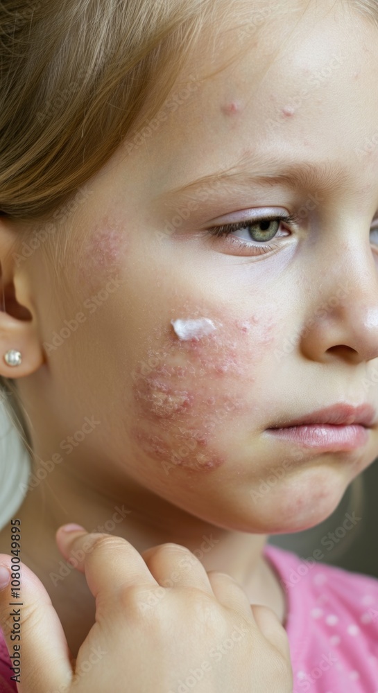 Eczema Treatment, Close-Up of Young Girl with Chickenpox Applying Cream on Face Eczema Treatment, Close-Up of Young Girl with Chickenpox Applying Cream on Face