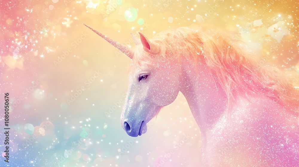 Rainbow unicorn-themed background with glitter and pastel stars. Rainbow unicorn-themed background with glitter and pastel stars.
