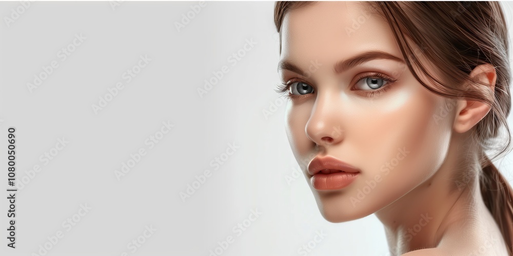 The portrait captures a young woman with flawless skin and glossy lips, emitting sophistication. Its allure and beauty is ideal for promoting beauty products in advertisements or articles The portrait captures a young woman with flawless skin and glossy lips, emitting sophistication. Its allure and beauty is ideal for promoting beauty products in advertisements or articles