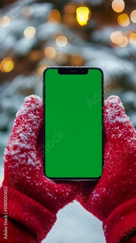 Hands in gloves holding phone with green screen on Xmas background