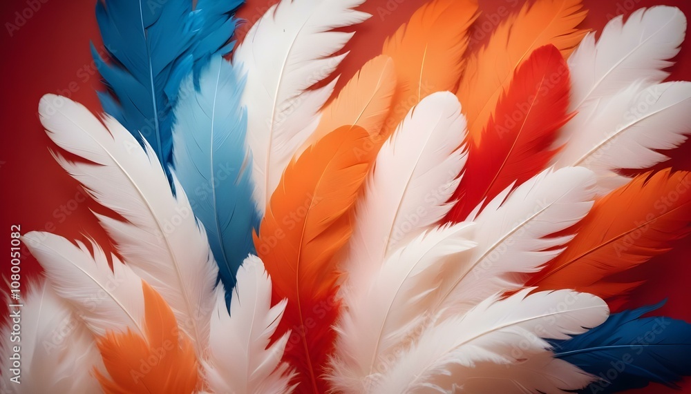 Obraz premium Plumas suaves y esponjosas en tonos de blanco, naranja y azul, creando un fondo abstracto cálido y texturizado