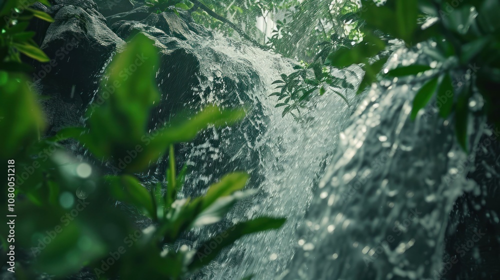 A serene waterfall cascades over rocks, surrounded by lush greenery in a tranquil environment. A serene waterfall cascades over rocks, surrounded by lush greenery in a tranquil environment.