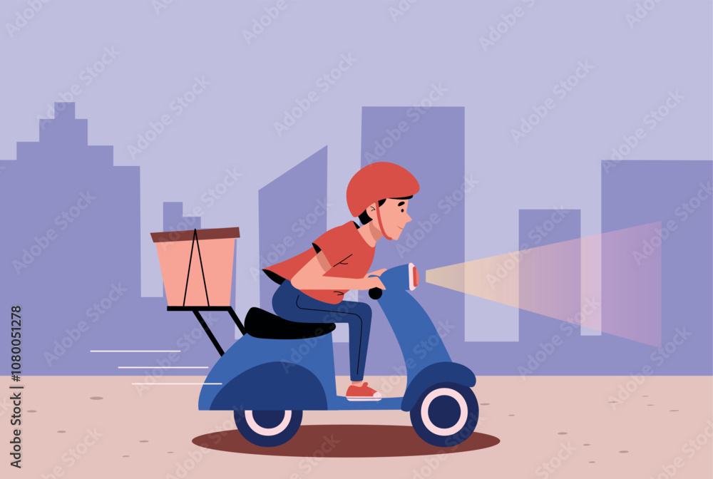 Scooter delivery man. A courier, an employee of a 24-hour delivery service, delivers food, an order or a parcel ordered online for express delivery within the city to the client. Vector flat cartoon Scooter delivery man. A courier, an employee of a 24-hour delivery service, delivers food, an order or a parcel ordered online for express delivery within the city to the client. Vector flat cartoon