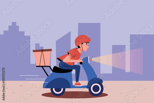 Scooter delivery man. A courier, an employee of a 24-hour delivery service, delivers food, an order or a parcel ordered online for express delivery within the city to the client. Vector flat cartoon