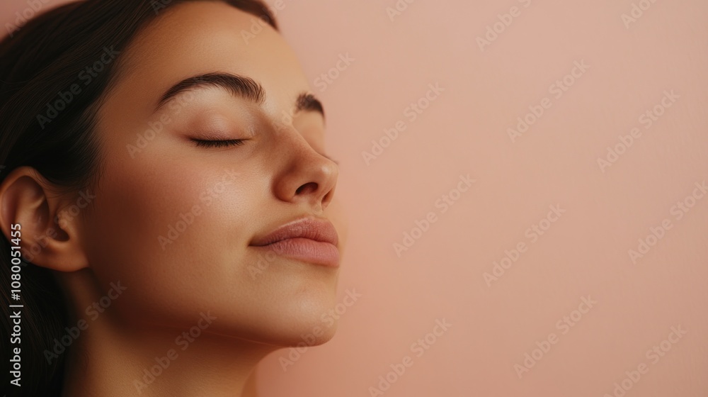 Portrait of a woman with a serene expression against a pink background. Portrait of a woman with a serene expression against a pink background.