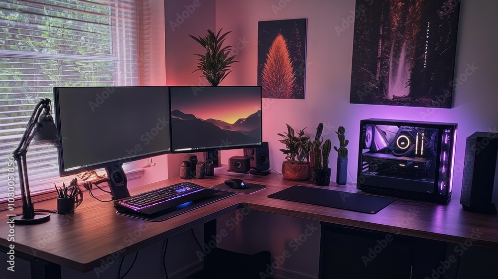 A Modern Gaming Setup with Dual Monitors and RGB Lighting A Modern Gaming Setup with Dual Monitors and RGB Lighting