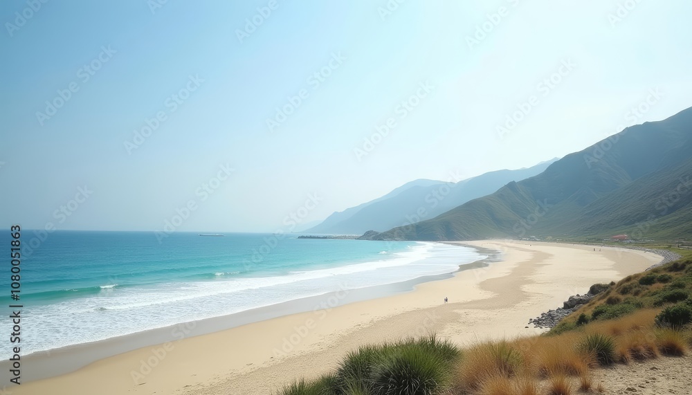 Tranquil beach cove with distant mountains Tranquil beach cove with distant mountains