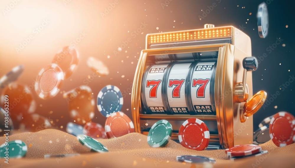 A vibrant slot machine surrounded by colorful chips, capturing the thrill and excitement of gaming in a casino setting. A vibrant slot machine surrounded by colorful chips, capturing the thrill and excitement of gaming in a casino setting.