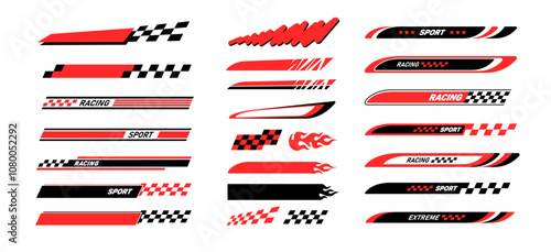 Racing Car Аbstract Stripes decals and flames stickers set 4. Sports racing Red flags stickers design. Sport car and motorbike wrap elements. Vector stickers collection for motorsport and racing event