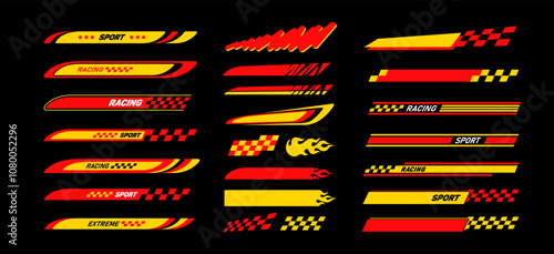 Sport Car racing decals, Аbstract wrap stickers of Red and Yellow stripes and flames , Racing flag livery vector template