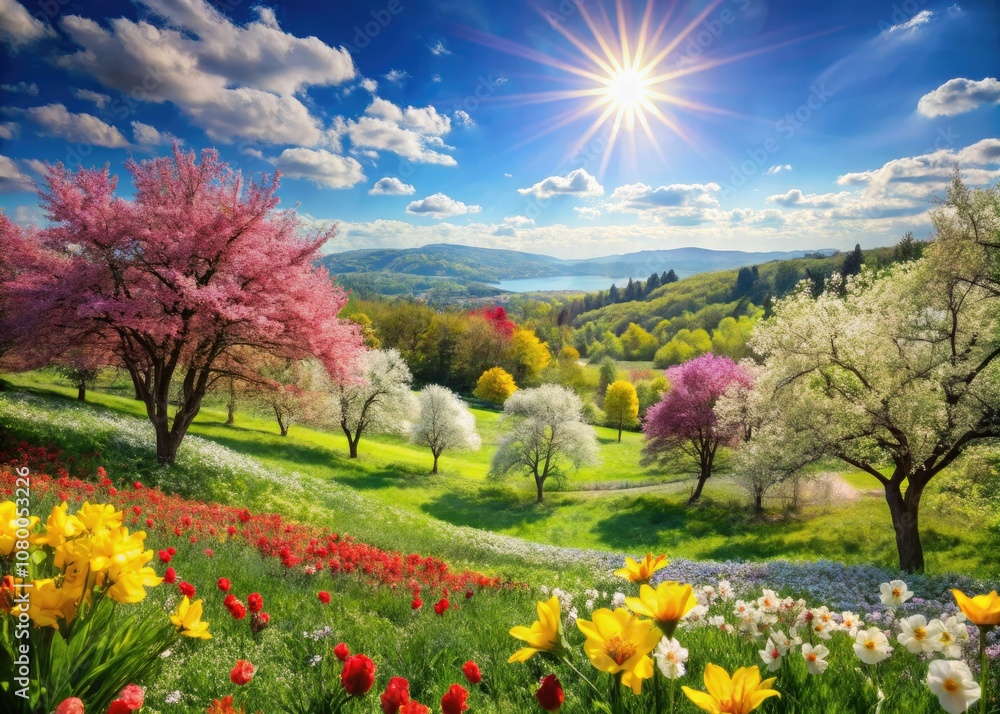 Naklejka premium In spring’s embrace, radiant flowers bloom against lush green landscapes, while a clear blue sky enhances the vivid colors and natural beauty around.