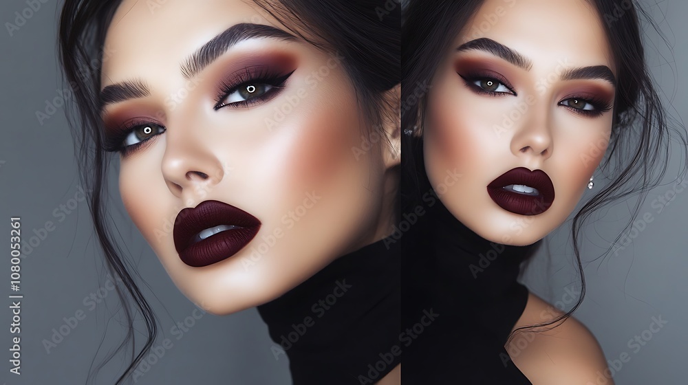 Deep red-brown lips with matte lipstick and bold texture Deep red-brown lips with matte lipstick and bold texture