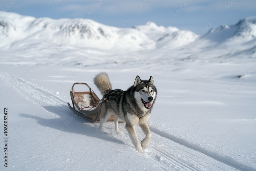 Alaskan Malamute Pulling a Sled: An Alaskan Malamute in a snowy landscape Alaskan Malamute Pulling a Sled: An Alaskan Malamute in a snowy landscape