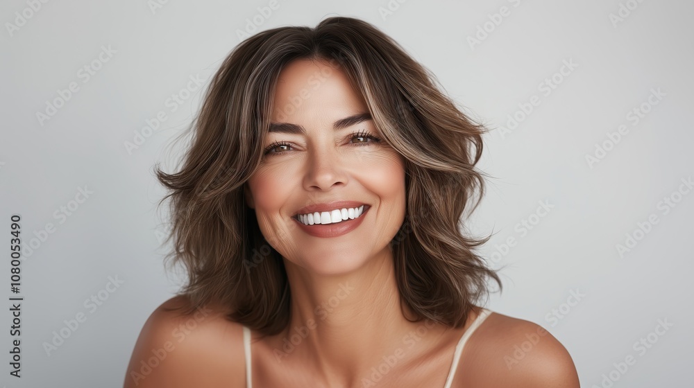 Portrait of an attractive middle aged woman, closeup on grey background Portrait of an attractive middle aged woman, closeup on grey background