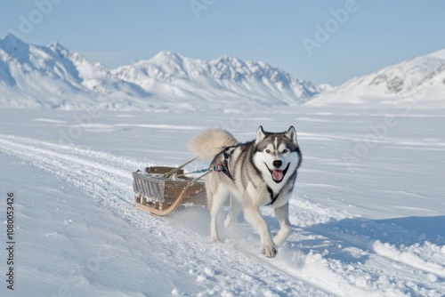 Alaskan Malamute Pulling a Sled: An Alaskan Malamute in a snowy landscape