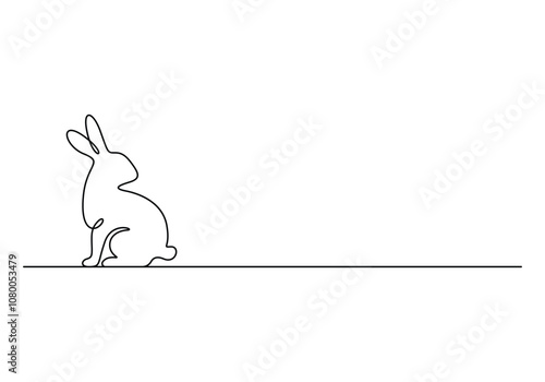 Continuous one line drawing of Easter Bunny. Fluffy rabbit silhouette with ears in simple linear style for spring design greeting card and web banner. Doodle Vector illustration