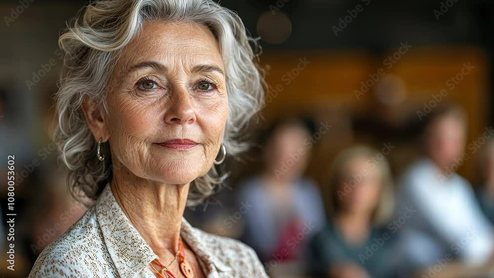 Thoughtful Senior Woman with Gray Hair Looking into the Camera, Capturing Poise and Wisdom in a Group Setting with Soft Lighting and a Warm Atmosphere Thoughtful Senior Woman with Gray Hair Looking into the Camera, Capturing Poise and Wisdom in a Group Setting with Soft Lighting and a Warm Atmosphere